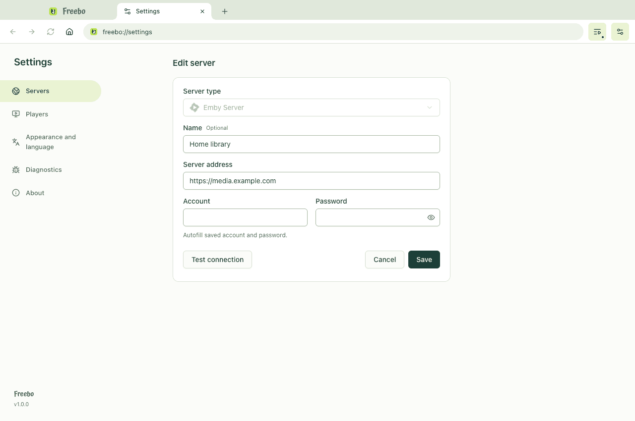 Edit server: Emby type, optional name, address, credentials and connection test